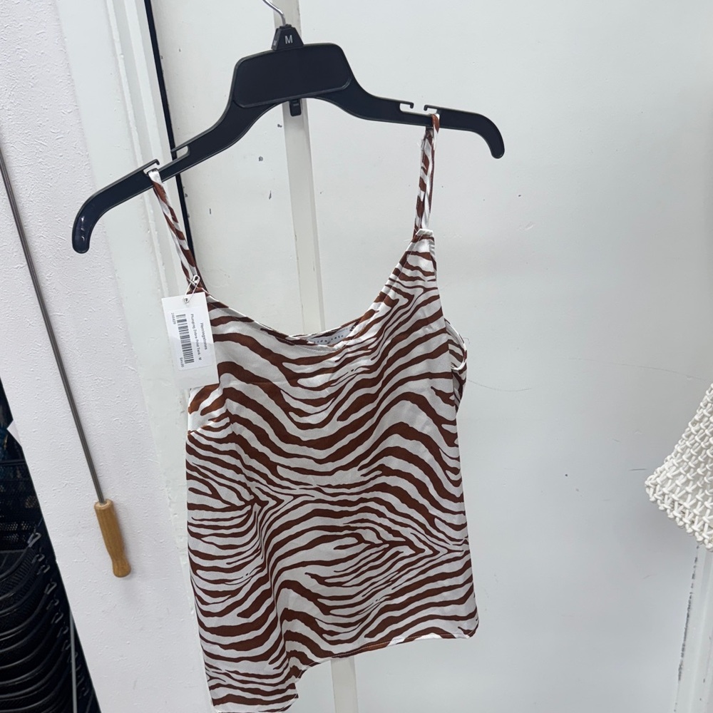 Satin Zebra-Print Spaghetti Tank Top in Brown and White